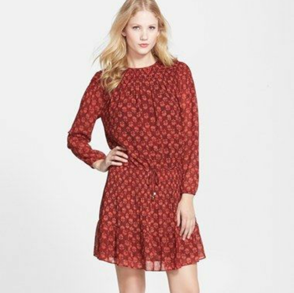 Michael Kors Long Sleeve Smocked Leaf Print Dress Red Sz Small